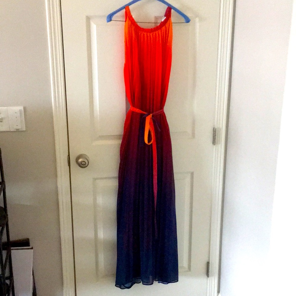 Rainbow flowy maxi dress with tie back & tie belt